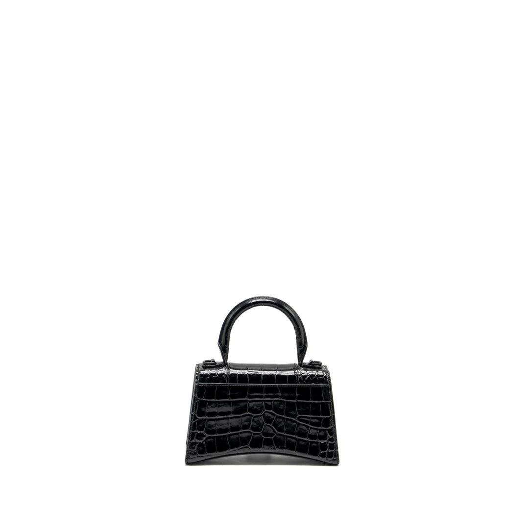 Top Quality Balenciaga XS Hourglass Croc-embossed Calfskin So Black