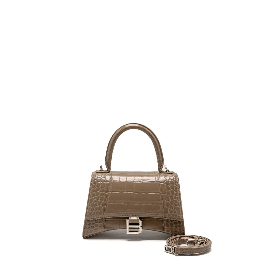 Top Quality Balenciaga Small Hourglass Bag Croc-Embossed Calfskin Dark Beige SHW