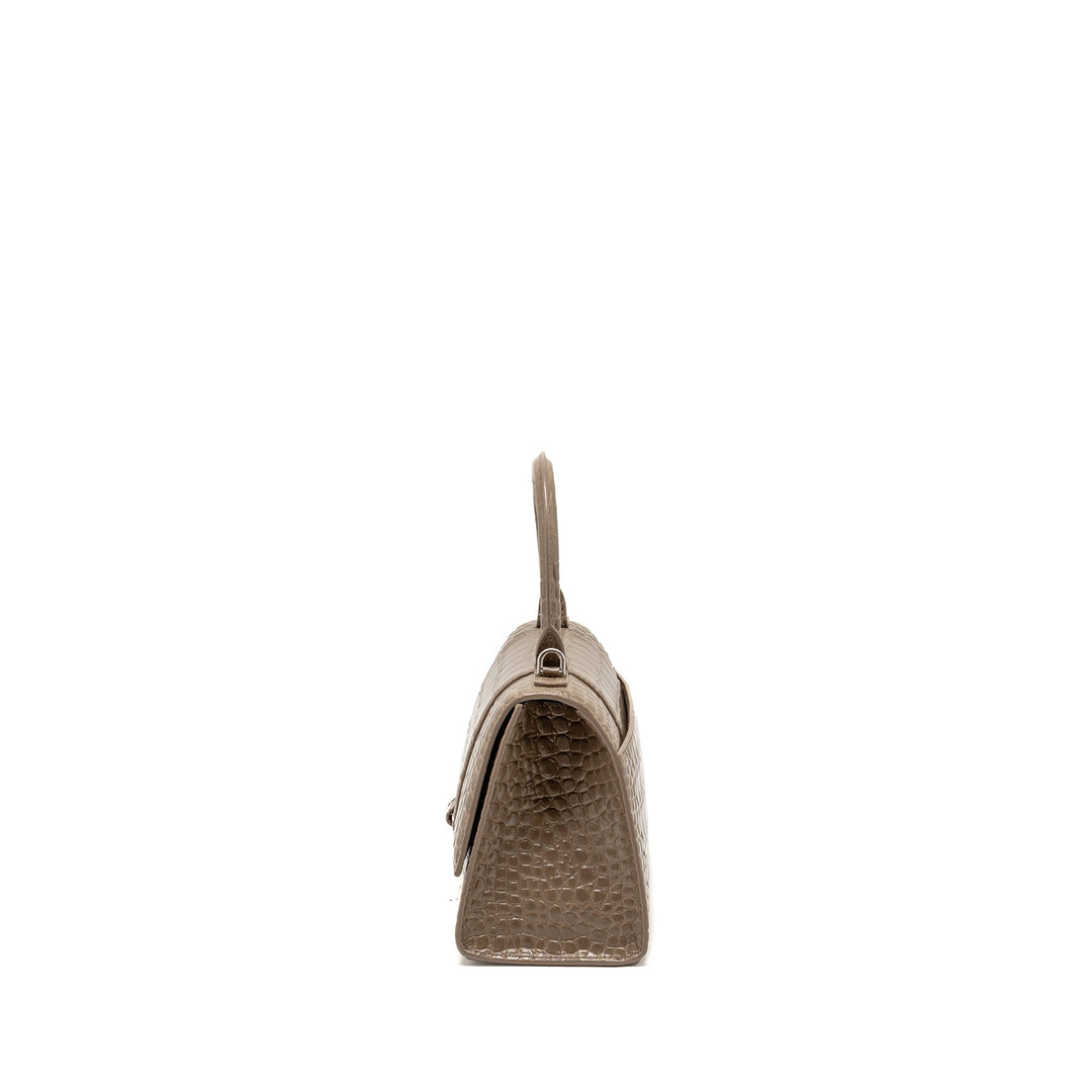 Top Quality Balenciaga Small Hourglass Bag Croc-Embossed Calfskin Dark Beige SHW