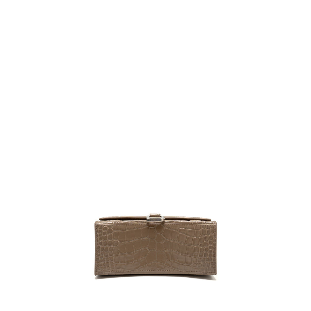 Top Quality Balenciaga Small Hourglass Bag Croc-Embossed Calfskin Dark Beige SHW