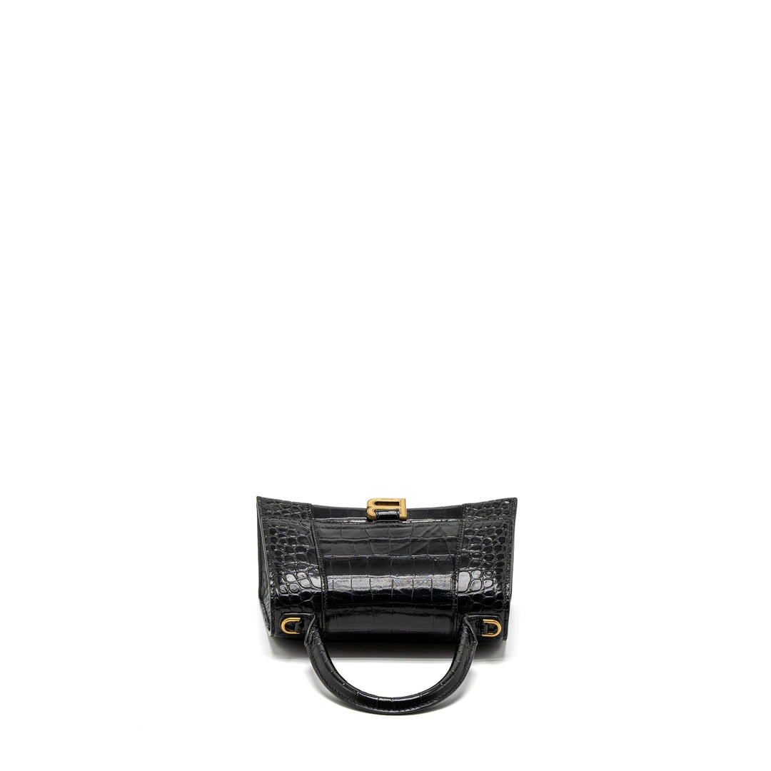 Top Quality Balenciaga Small Hourglass Bag Croc-Embossed Calfskin Black GHW