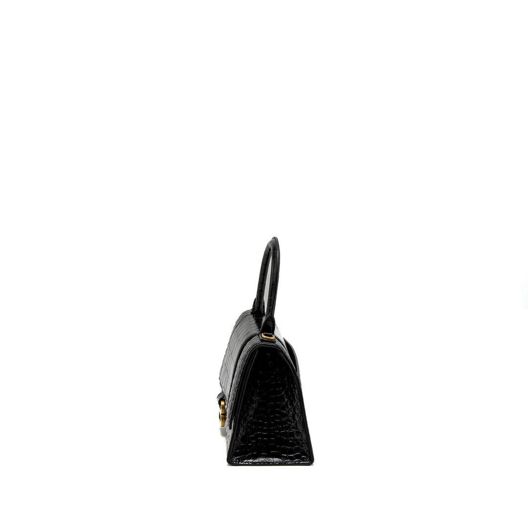 Top Quality Balenciaga Small Hourglass Bag Croc-Embossed Calfskin Black GHW
