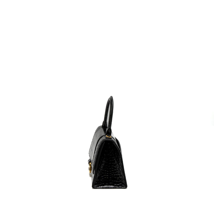 Top Quality Balenciaga Small Hourglass Bag Croc-Embossed Calfskin Black GHW