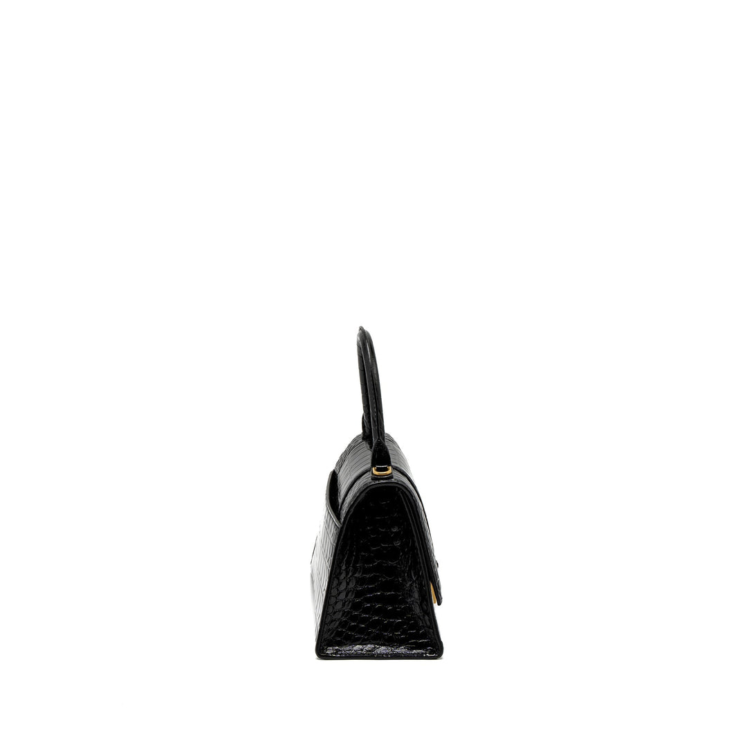 Top Quality Balenciaga Small Hourglass Bag Croc-Embossed Calfskin Black GHW