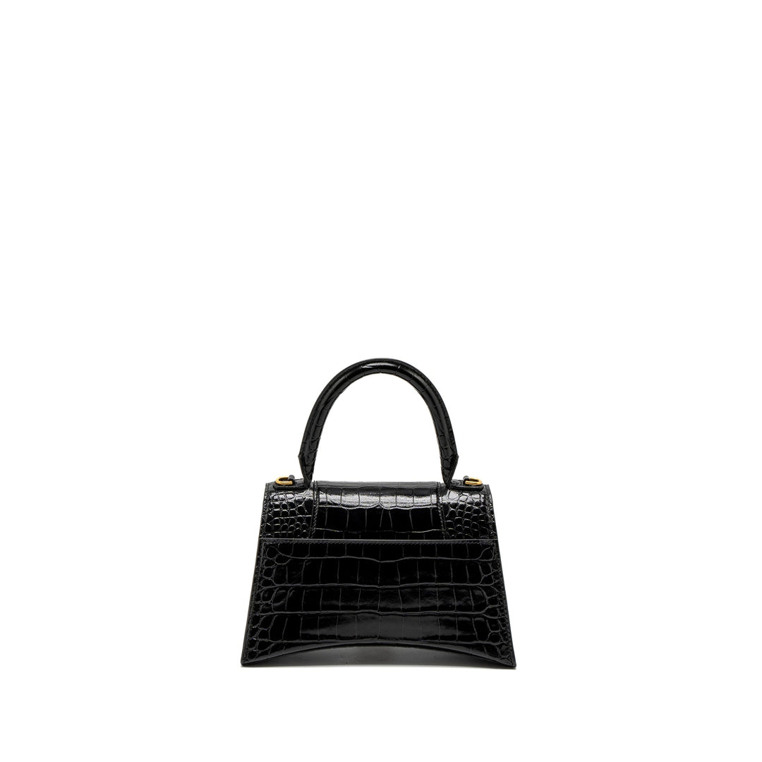 Top Quality Balenciaga Small Hourglass Bag Croc-Embossed Calfskin Black GHW