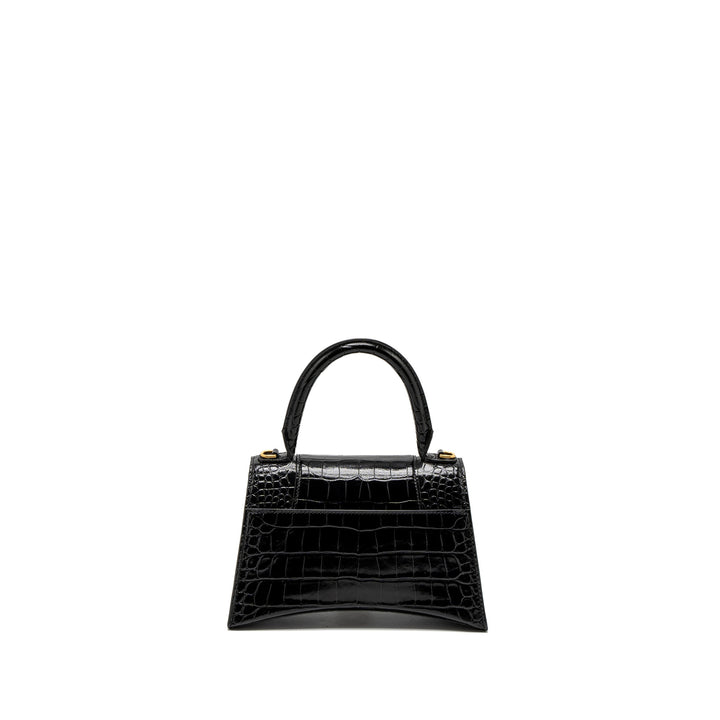 Top Quality Balenciaga Small Hourglass Bag Croc-Embossed Calfskin Black GHW