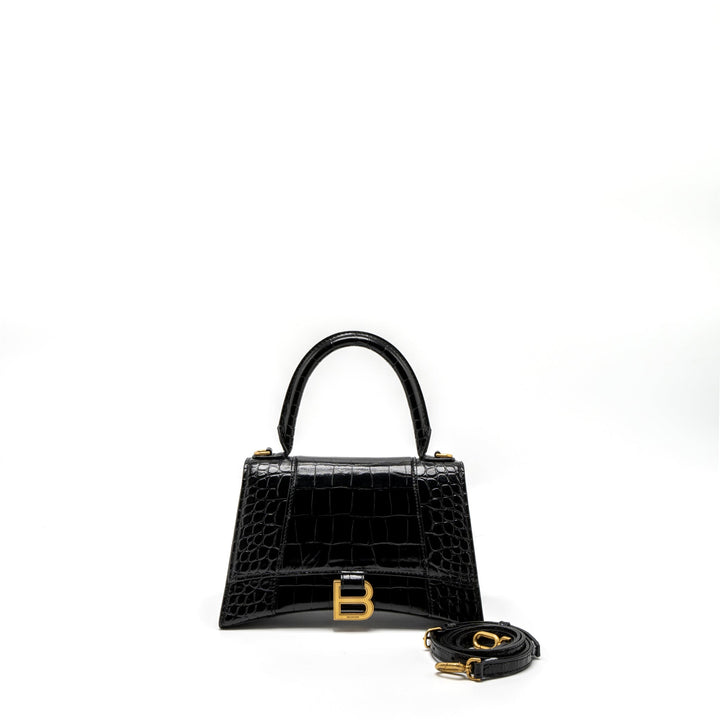 Top Quality Balenciaga Small Hourglass Bag Croc-Embossed Calfskin Black GHW