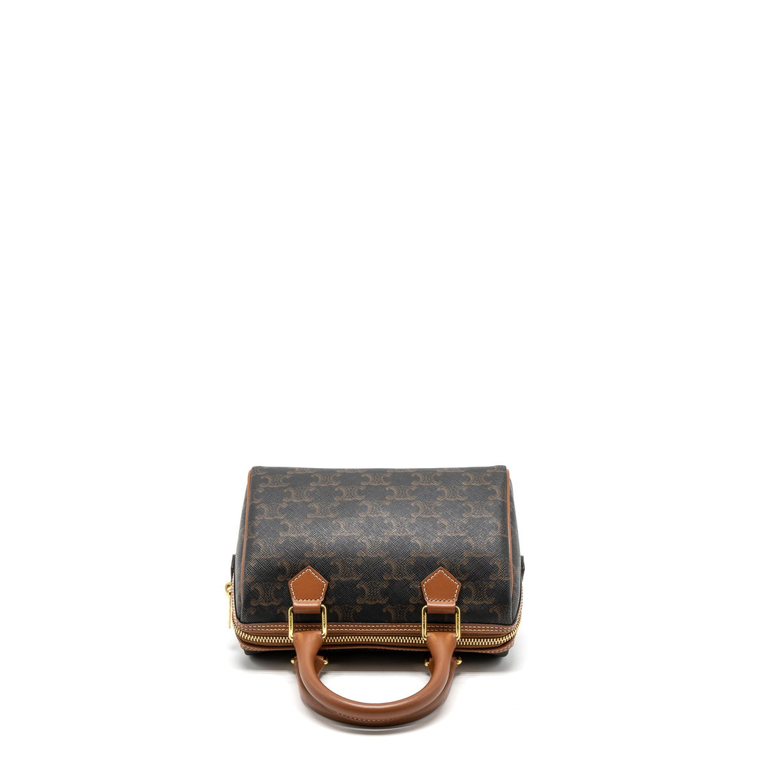 Top Quality Celine Small Boston Bag Triomphe Canvas/Calfskin Tan