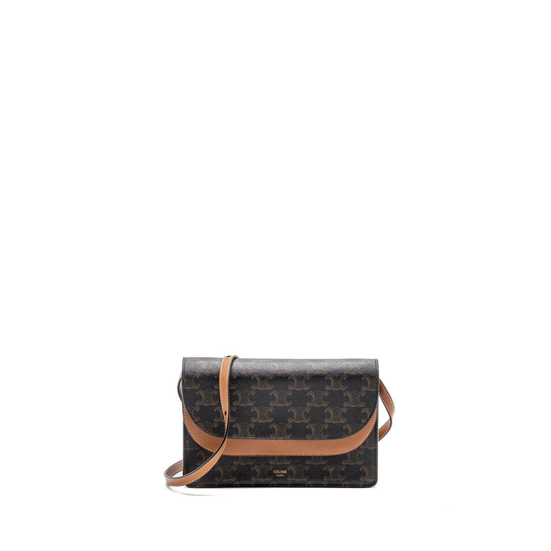 Top Quality Celine Wallet on Strap Triomphe Canvas/Smooth Lambskin TAN