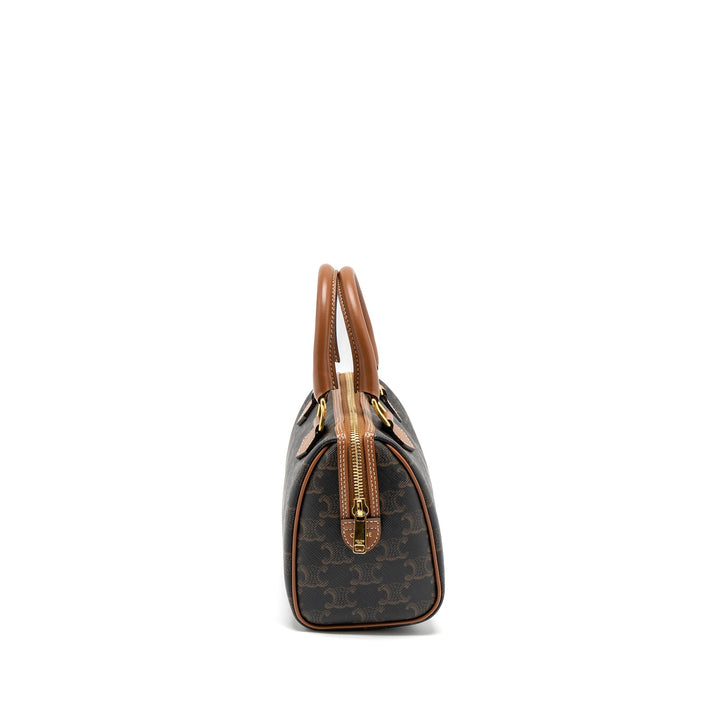 Top Quality Celine Small Boston Bag Triomphe Canvas/Calfskin Tan