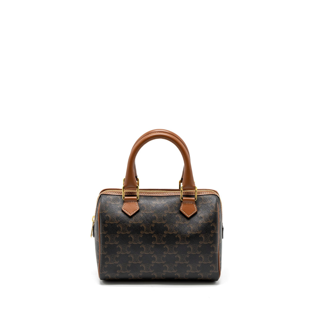 Top Quality Celine Small Boston Bag Triomphe Canvas/Calfskin Tan