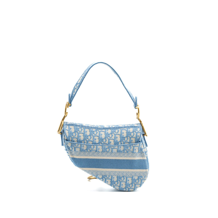 Top quality Dior medium Saddle Bag Oblique Embroidery Light Blue