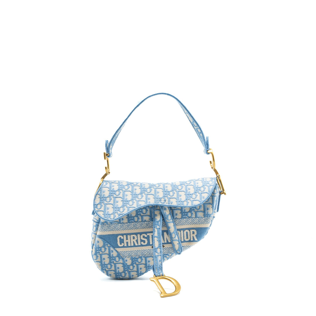 Top quality Dior medium Saddle Bag Oblique Embroidery Light Blue