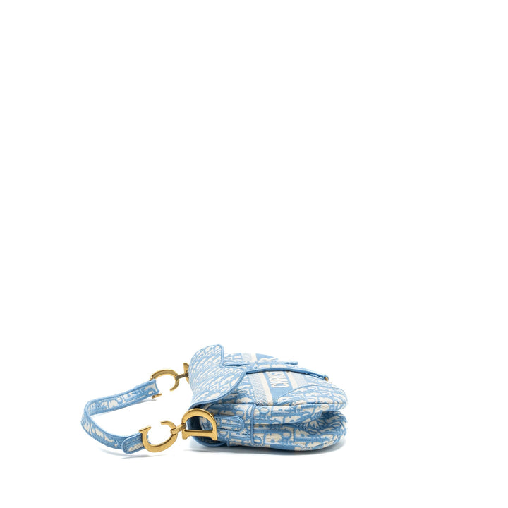 Top quality Dior medium Saddle Bag Oblique Embroidery Light Blue