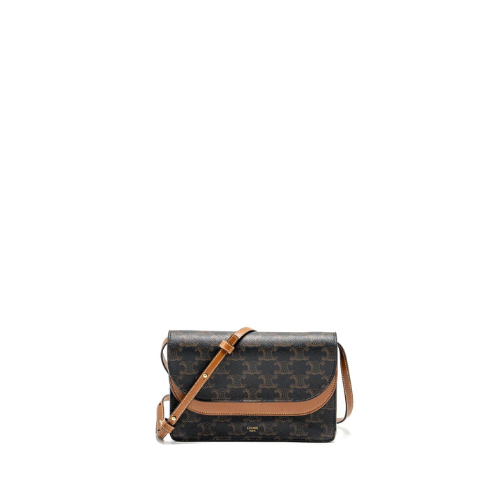Top Quality Celine Wallet on strap Triomphe Canvas / Smooth Lambskin Tan