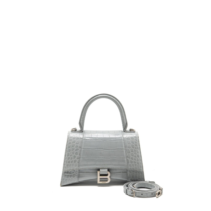 Top Quality Balenciaga Small Hourglass Bag Croc-embossed Calfskin Grey SHW