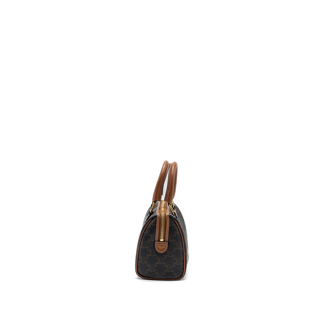 Top Quality Celine Small Boston Bag Triomphe Canvas/Calfskin Tan