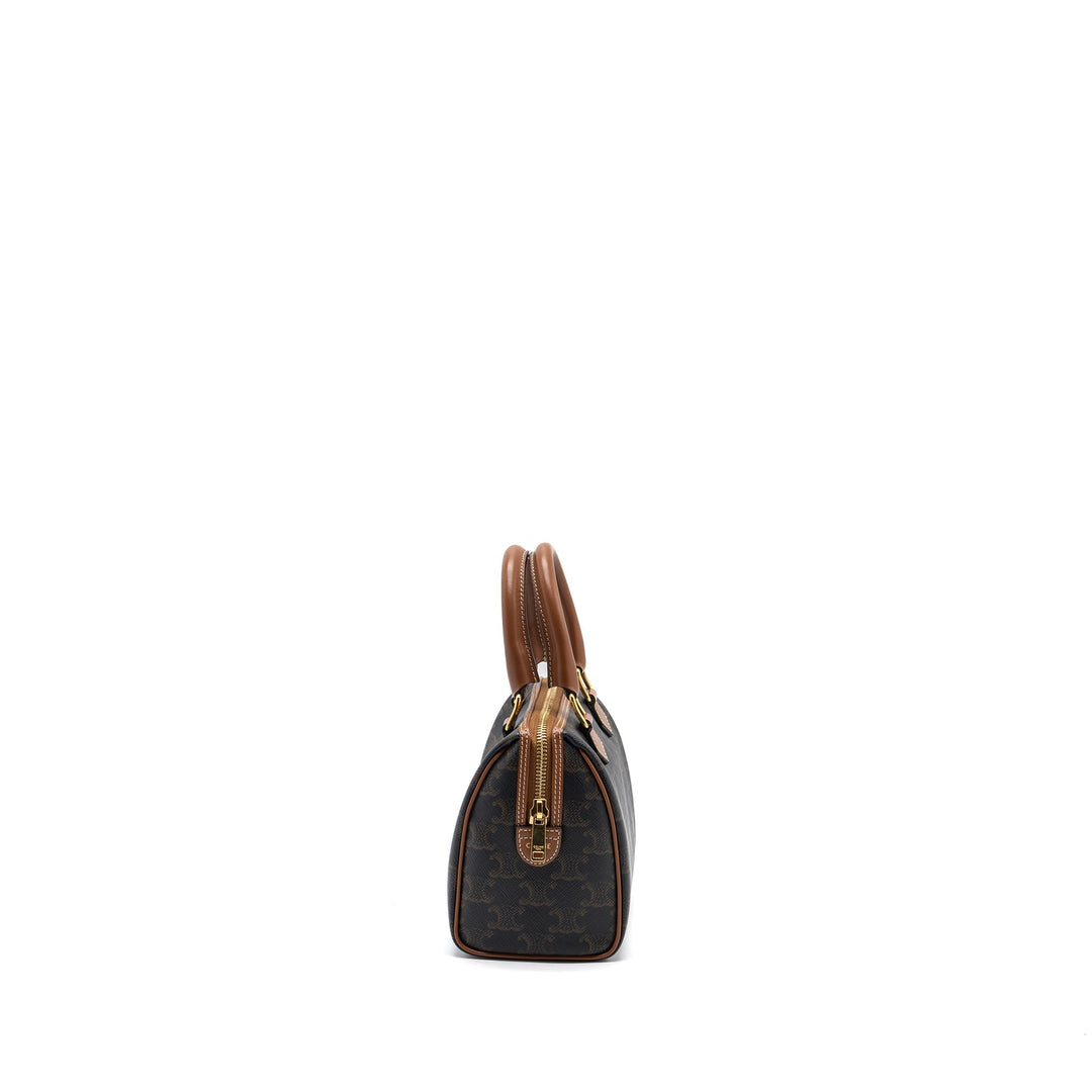 Top Quality Celine Small Boston Bag Triomphe Canvas/Calfskin Tan
