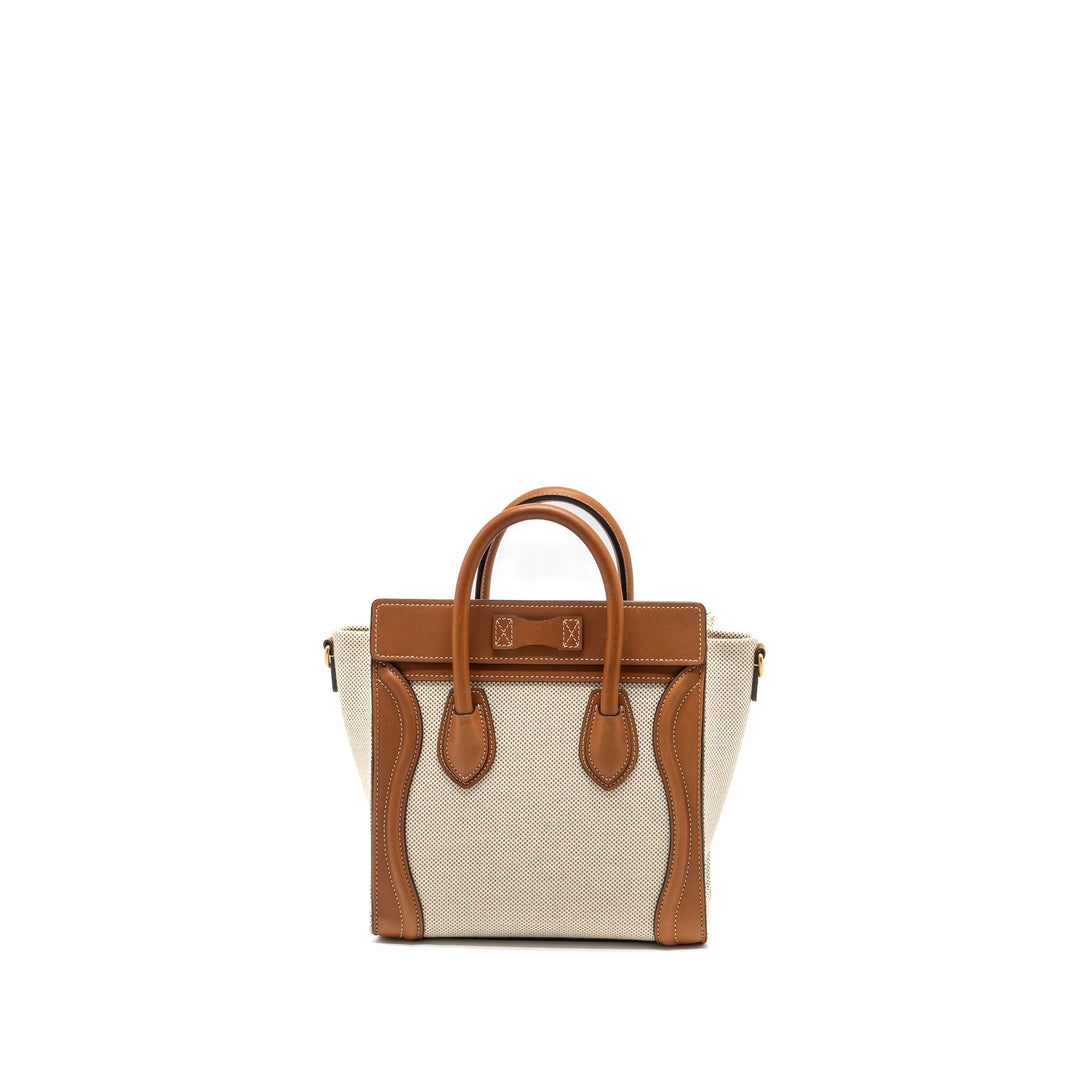 Top Quality Celine Nano Luggage Bag Canvas/Leather Tan/White