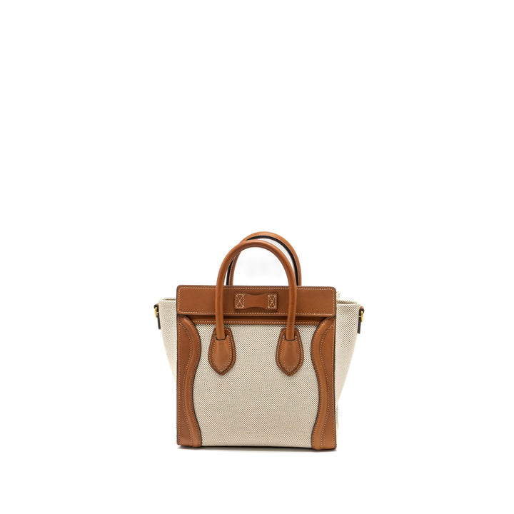 Top Quality Celine Nano Luggage Bag Canvas/Leather Tan/White
