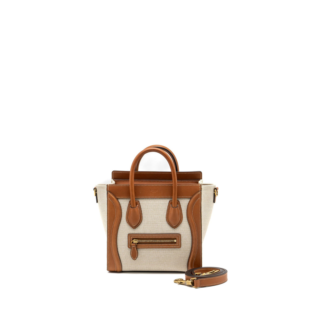 Top Quality Celine Nano Luggage Bag Canvas/Leather Tan/White