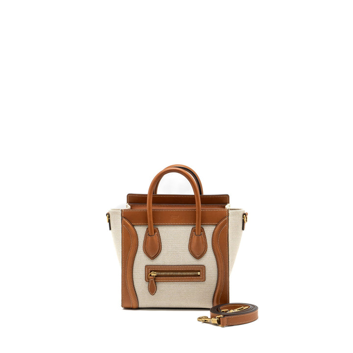 Top Quality Celine Nano Luggage Bag Canvas/Leather Tan/White
