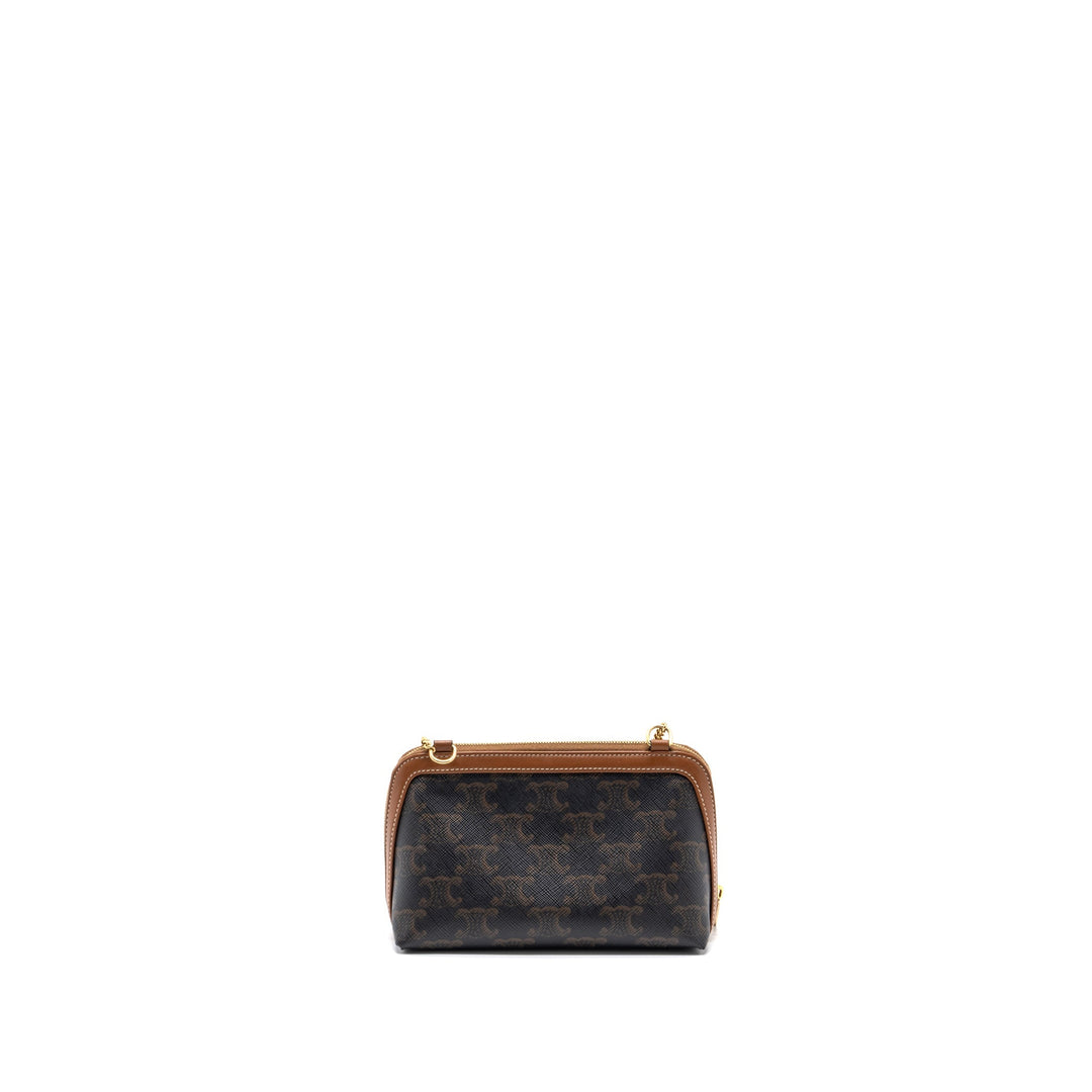 Celine Clutch With Chain Triomphe Canvas/Lambskin Tan