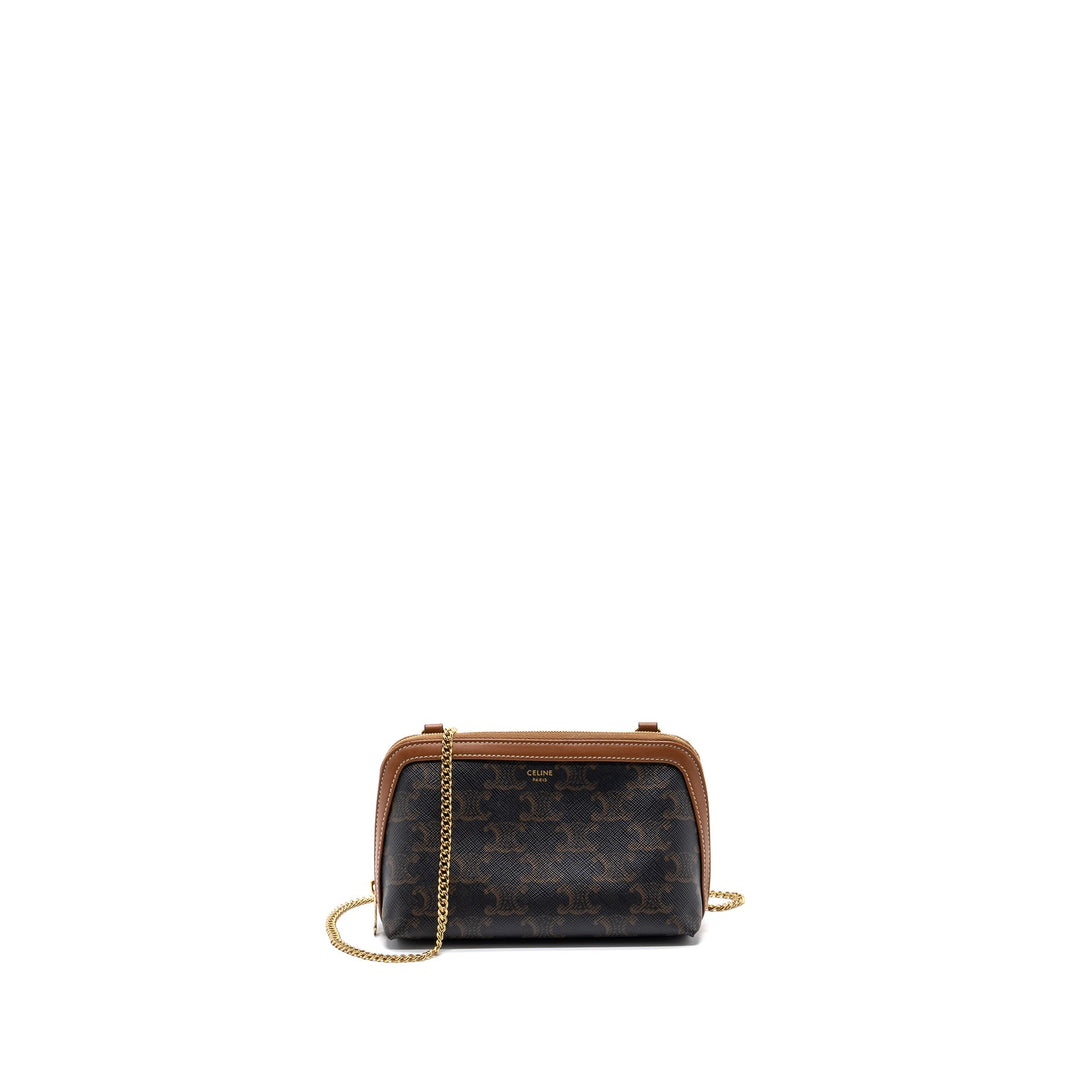 Celine Clutch With Chain Triomphe Canvas/Lambskin Tan