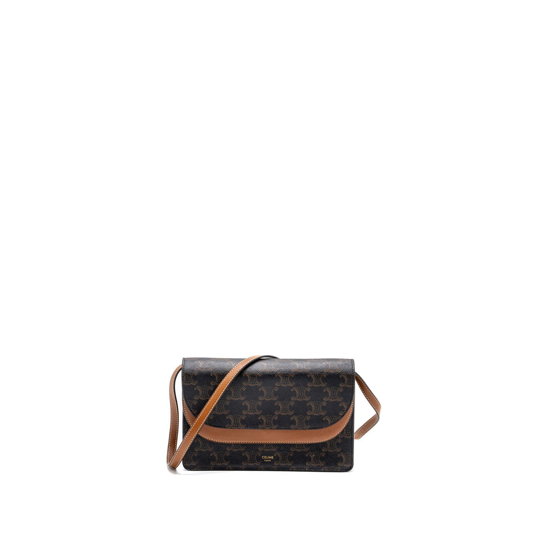 Top Quality Celine Wallet On Strap Triomphe Canvas/Smooth Lambskin Tan