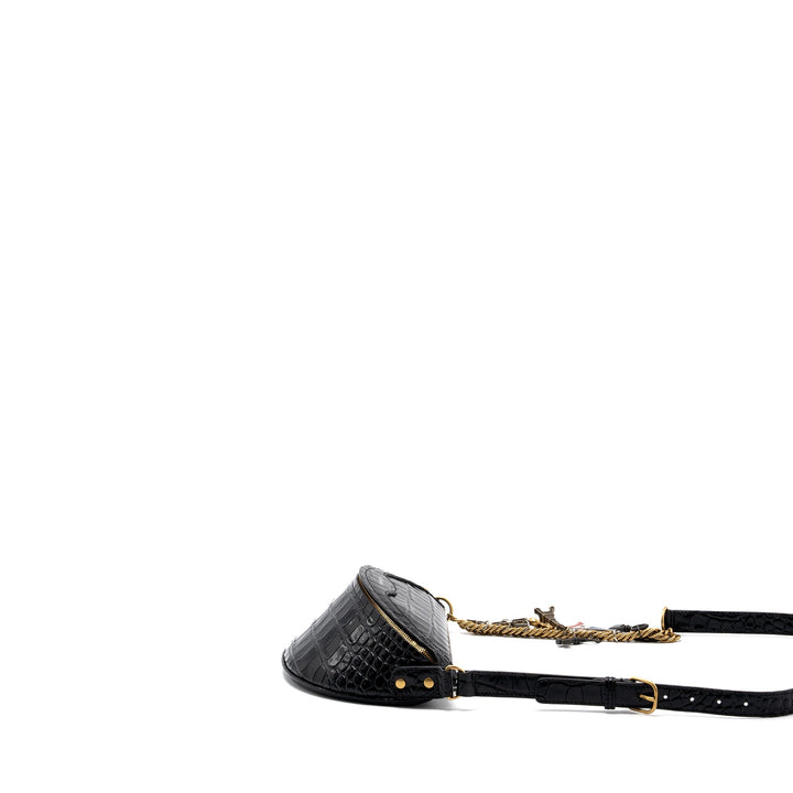 Top Quality Balenciaga SOUVENIR BELT BAG Croc-Embossed Calfskin Black GHW
