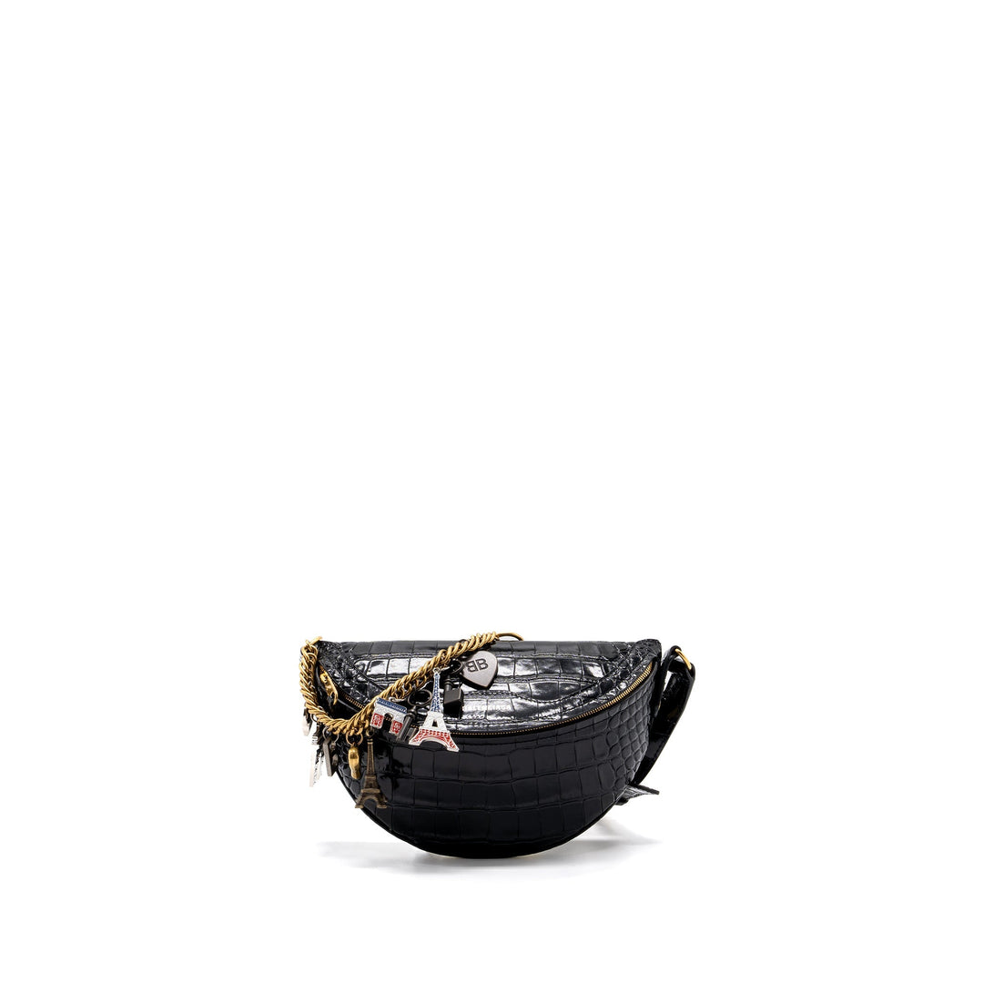 Top Quality Balenciaga SOUVENIR BELT BAG Croc-Embossed Calfskin Black GHW