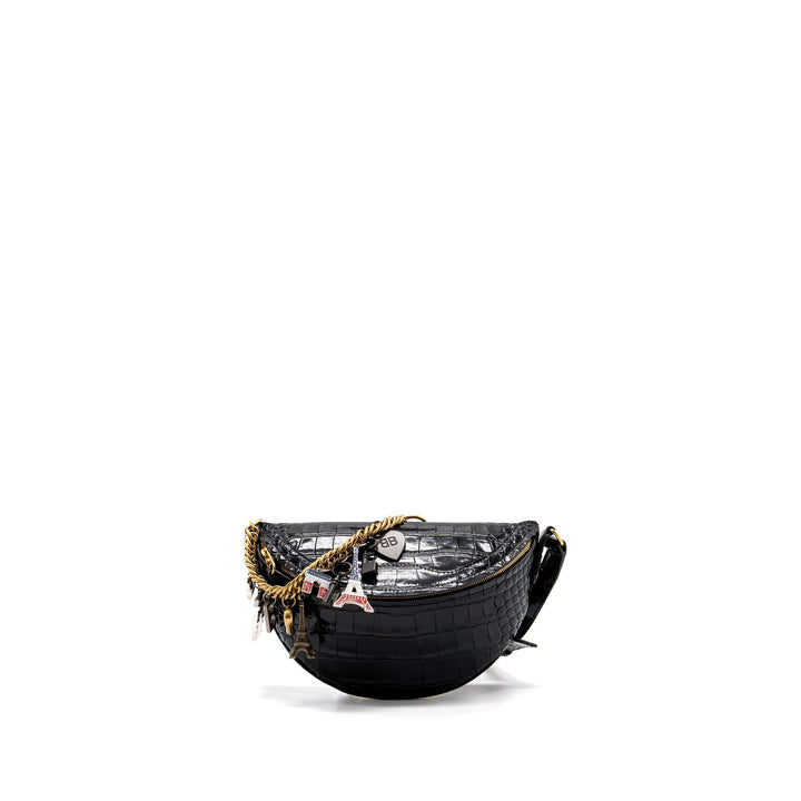 Top Quality Balenciaga SOUVENIR BELT BAG Croc-Embossed Calfskin Black GHW