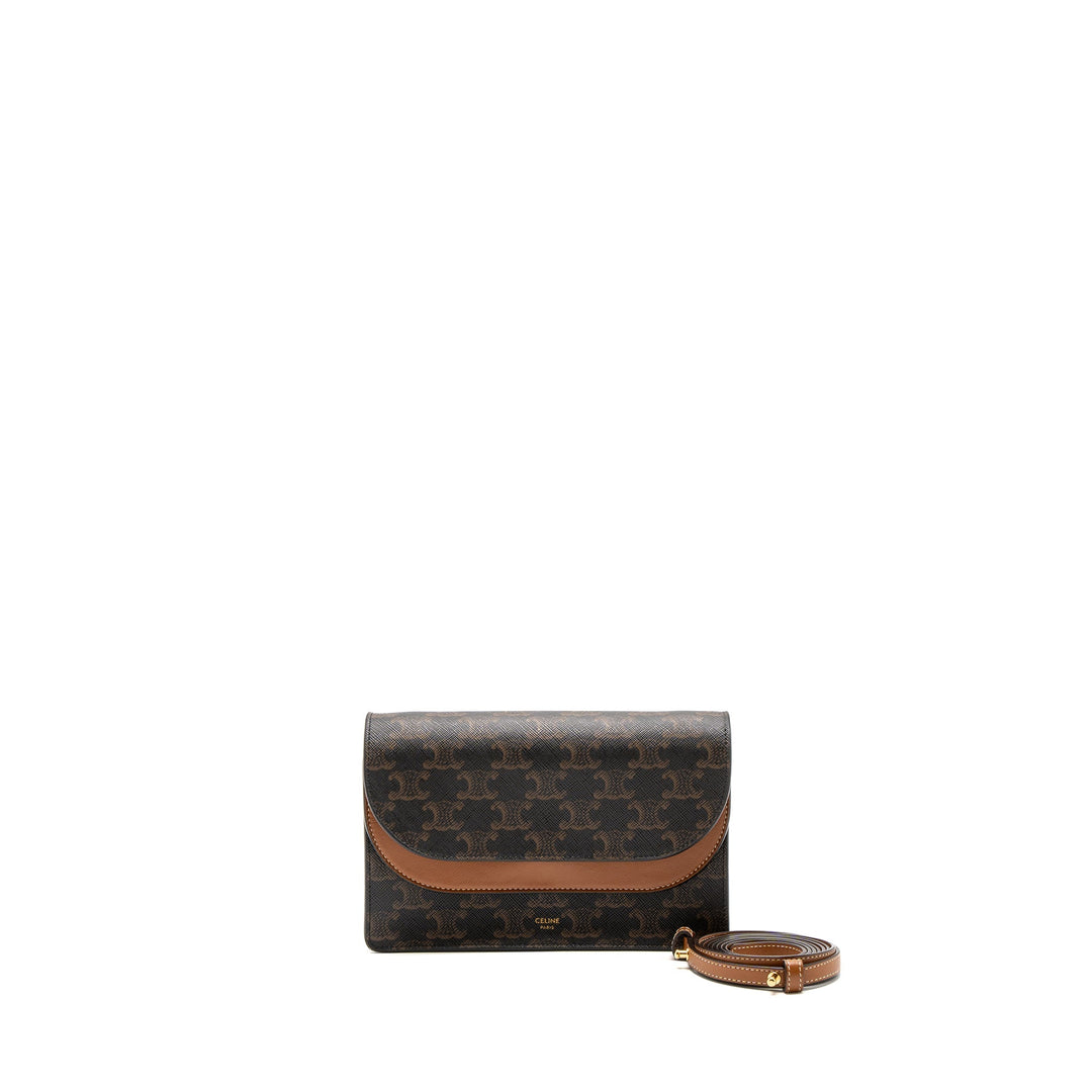 Top Quality Celine Wallet On Strap Triomphe Canvas/Smooth Lambskin Tan