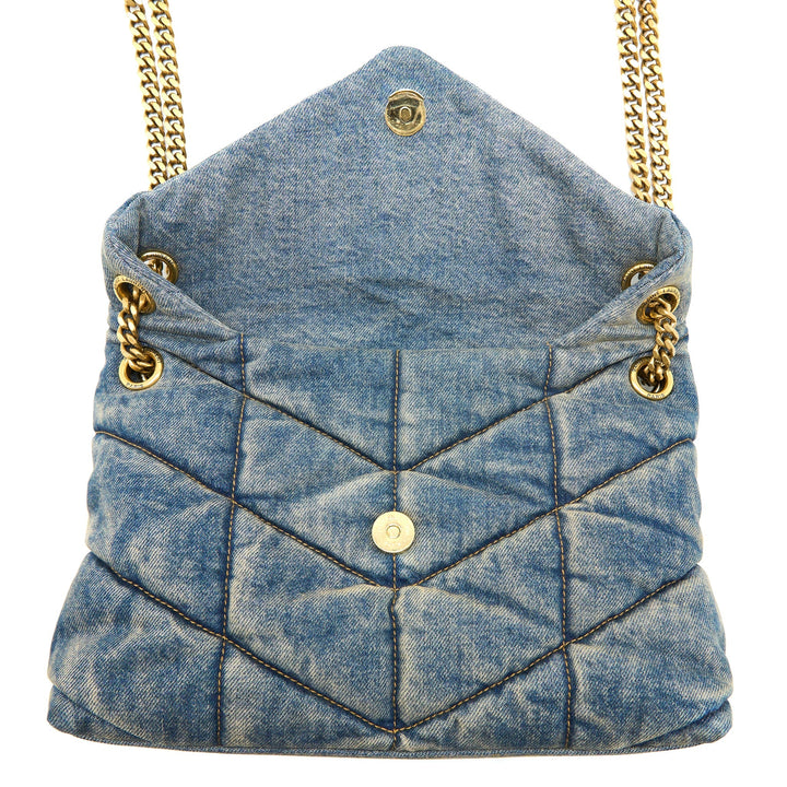 Saint Laurent Small Puffer Chain Bag Denim/Suede Blue Ruthenium GHW
