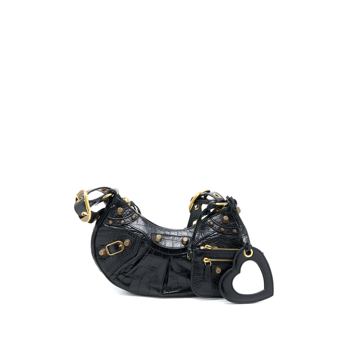 Top Quality Balenciaga Le Cagole XS Shoulder Bag Croc-Embossed Calfskin Black Aged-Gold Hardware