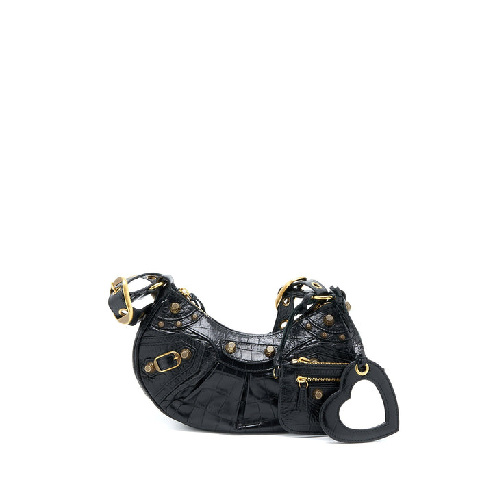 Top Quality Balenciaga Le Cagole XS Shoulder Bag Croc-Embossed Calfskin Black Aged-Gold Hardware