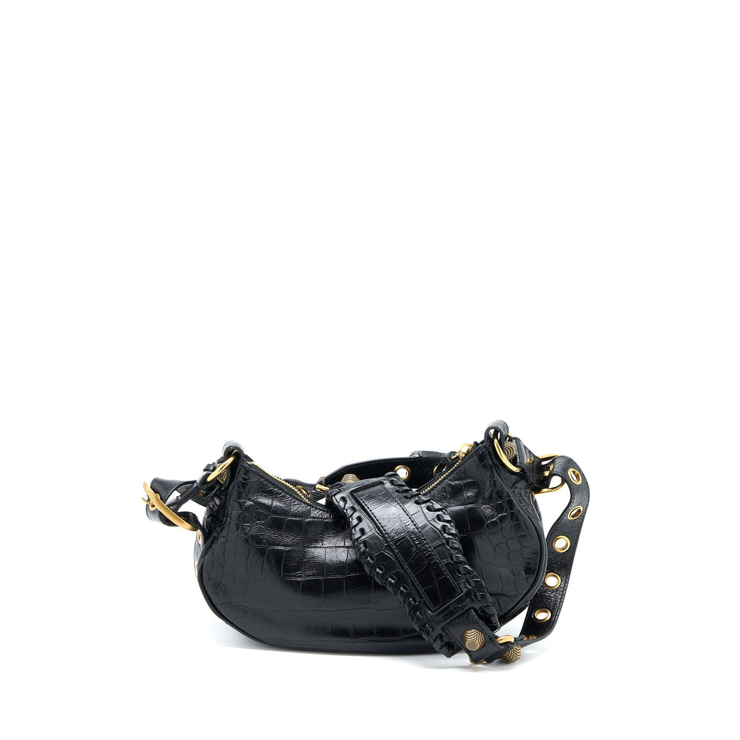 Top Quality Balenciaga Le Cagole XS Shoulder Bag Croc-Embossed Calfskin Black Aged-Gold Hardware