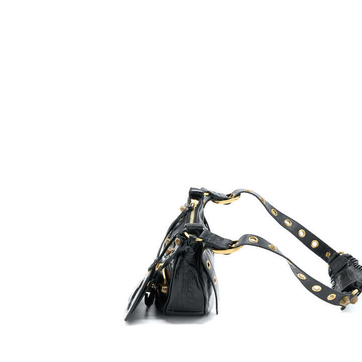 Top Quality Balenciaga Le Cagole XS Shoulder Bag Croc-Embossed Calfskin Black Aged-Gold Hardware