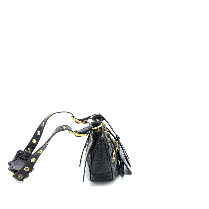 Top Quality Balenciaga Le Cagole XS Shoulder Bag Croc-Embossed Calfskin Black Aged-Gold Hardware