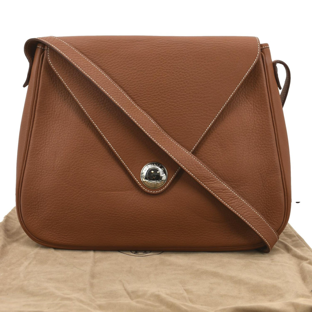 HERMES Christie Rhone Flap Clemence Leather Shoulder Bag Tan