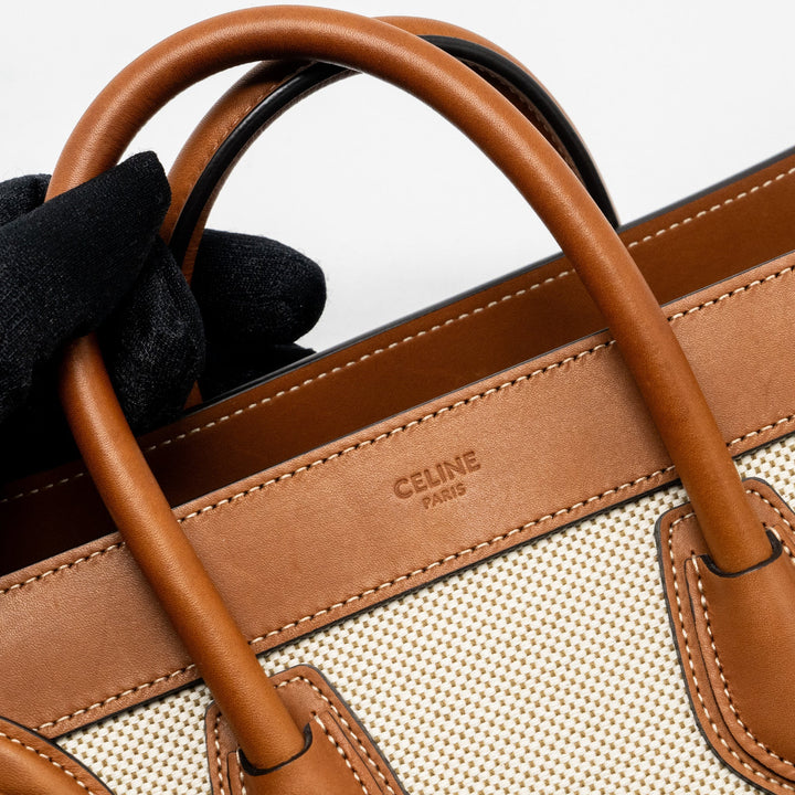 Top Quality Celine Nano Luggage Bag Canvas/Leather Tan/White