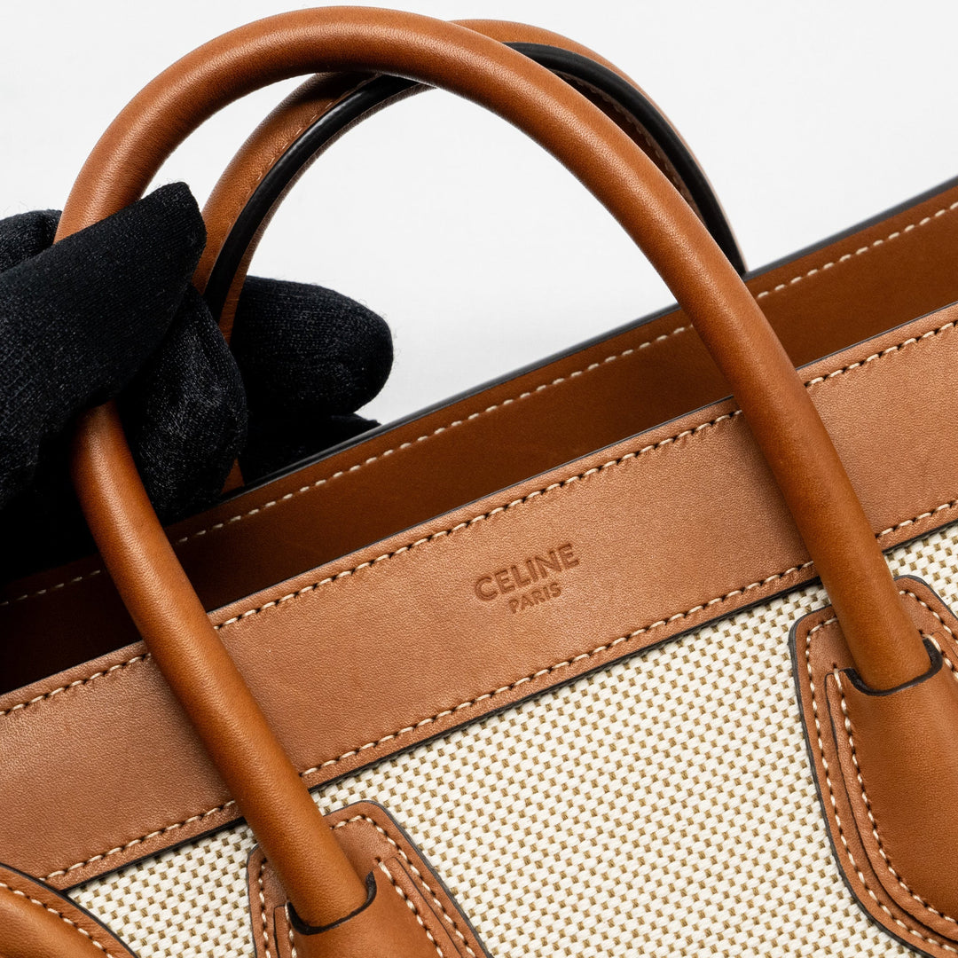 Celine Nano Luggage Bag Canvas/Leather Tan/White