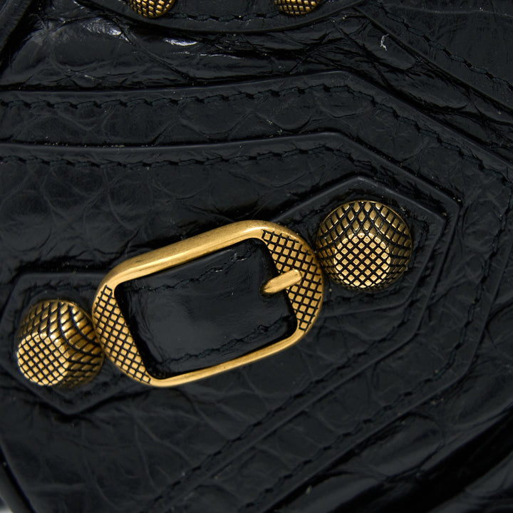 Top Quality Balenciaga Le Cagole XS Shoulder Bag Croc-Embossed Calfskin Black Aged-Gold Hardware