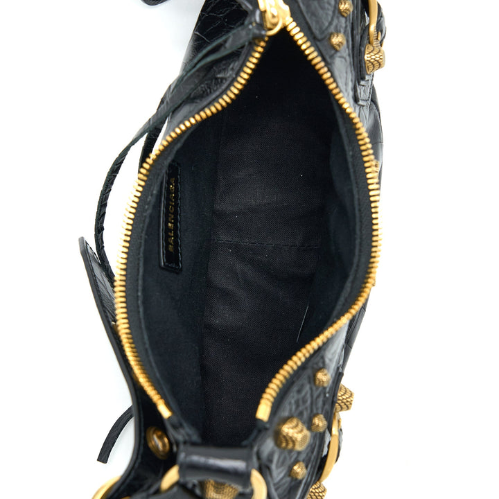 Top Quality Balenciaga Le Cagole XS Shoulder Bag Croc-Embossed Calfskin Black Aged-Gold Hardware