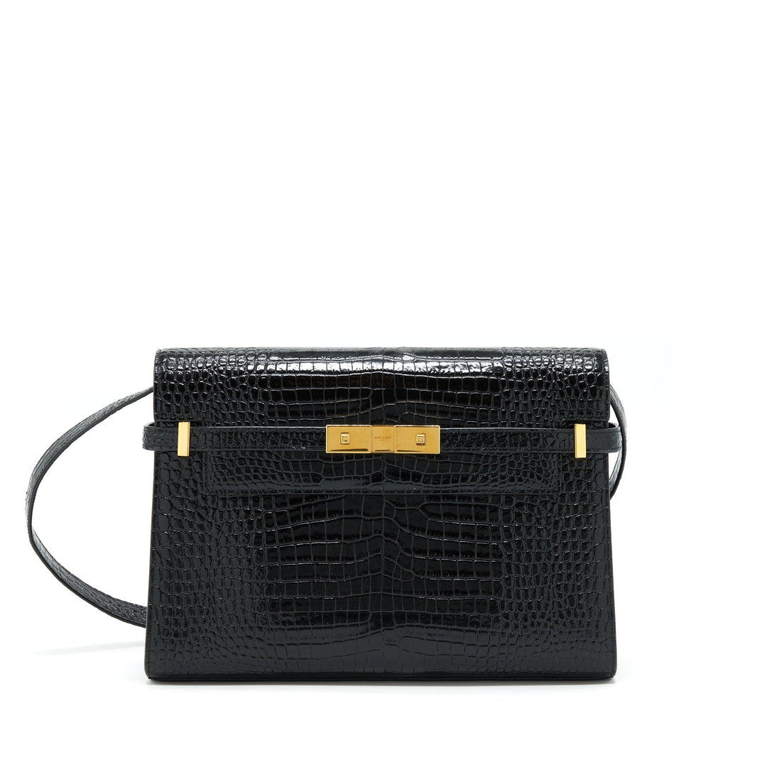 Saint Laurent/YSL Manhattan Shoulder Bag Shiny Croc-Embossed Black GHW