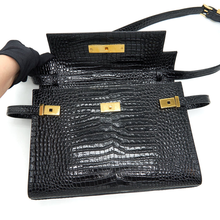 Saint Laurent/YSL Manhattan Shoulder Bag Shiny Croc-Embossed Black GHW