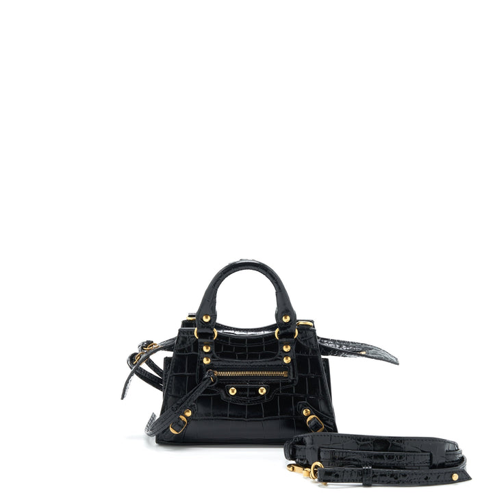 Top Quality Balenciaga Nano Neo Classic City Bag Croc-Embossed Calfskin Black GHW