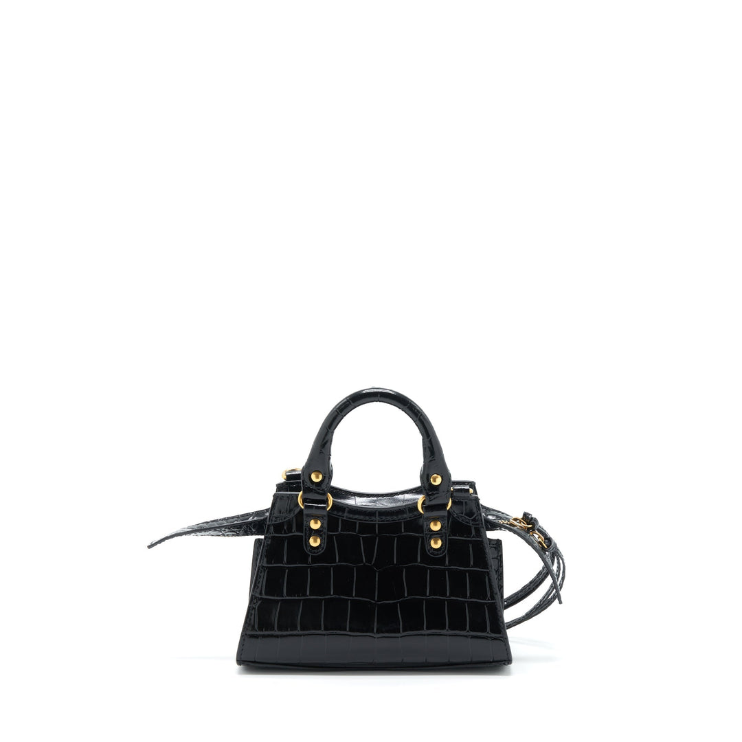 Top Quality Balenciaga Nano Neo Classic City Bag Croc-Embossed Calfskin Black GHW