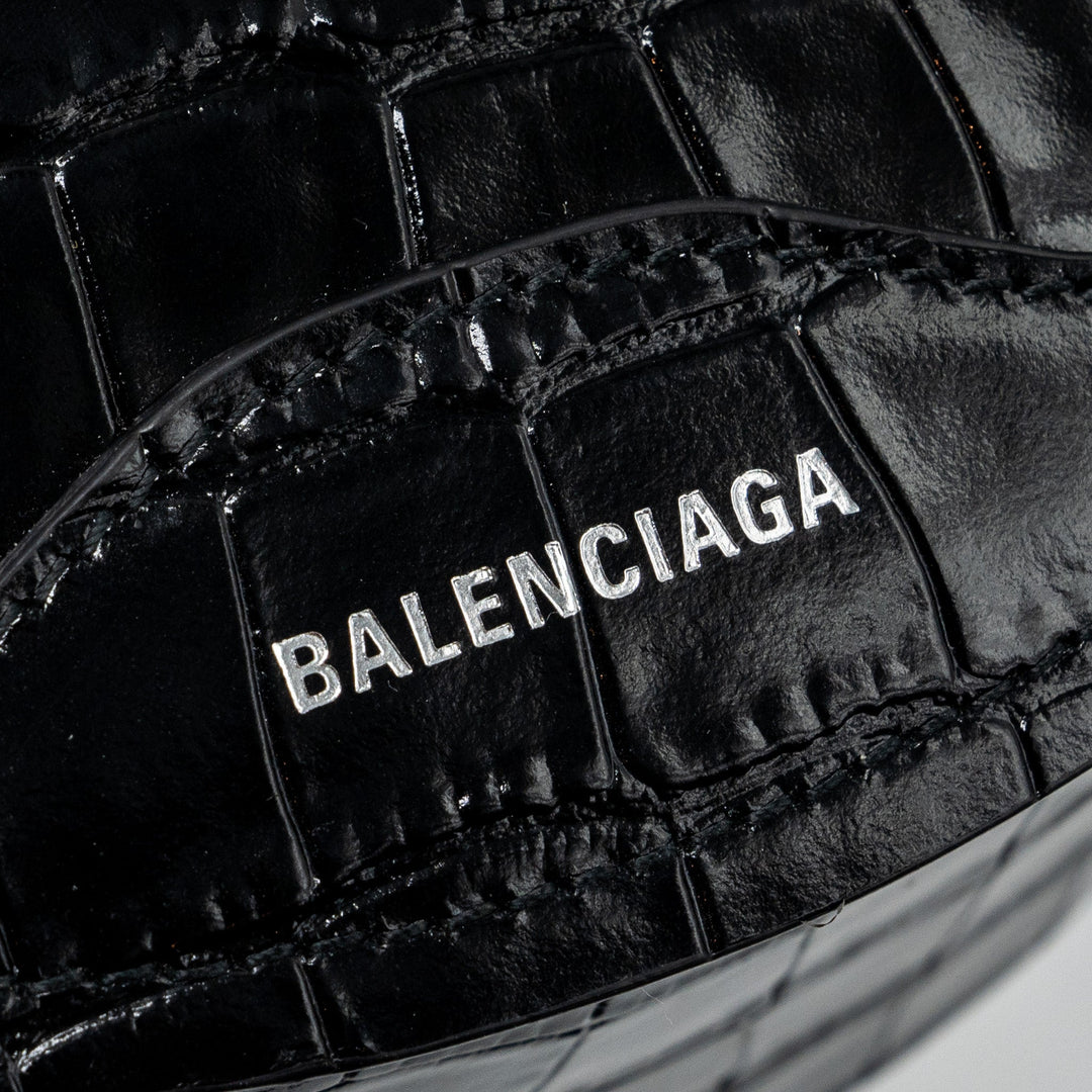 Top Quality Balenciaga SOUVENIR BELT BAG Croc-Embossed Calfskin Black GHW