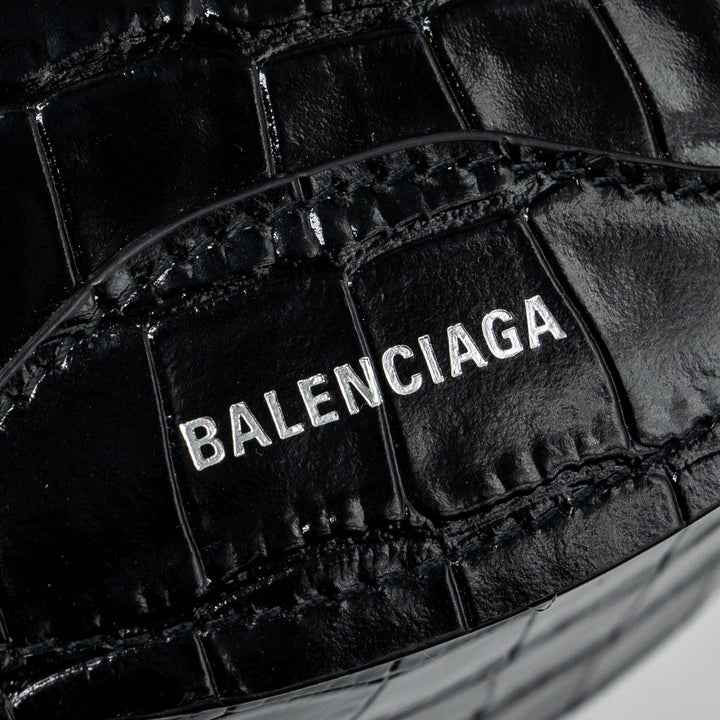Top Quality Balenciaga SOUVENIR BELT BAG Croc-Embossed Calfskin Black GHW